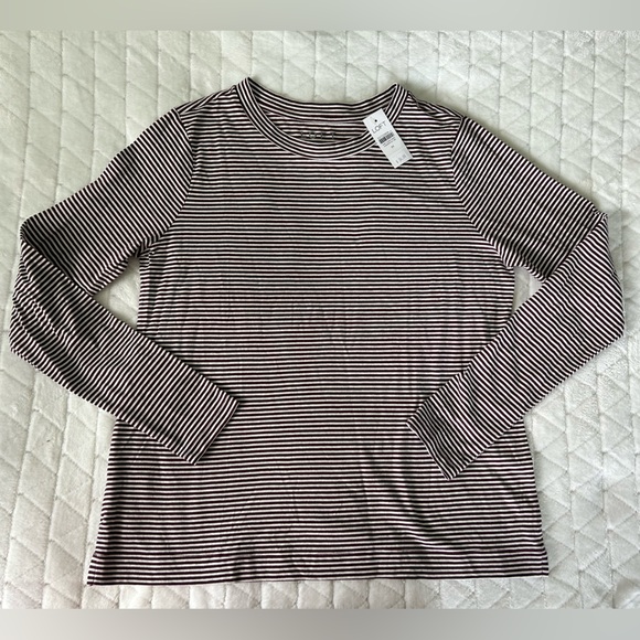 NWT Loft | Long Sleeve Striped Tee | Burgundy and White | Size Medium - Picture 2 of 10